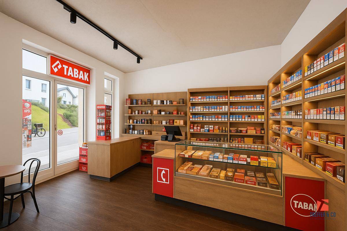 Modern eingerichteter Tabakladen mit Holzregalen, Verkaufstheke und großen Fenstern zur Straße.