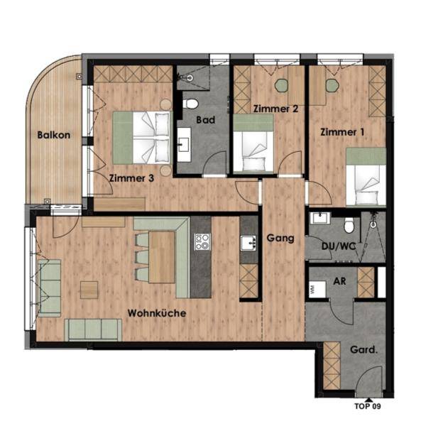 Grundriss einer Wohnung mit offener Wohnküche, drei Zimmern, zwei Bädern und Balkon.