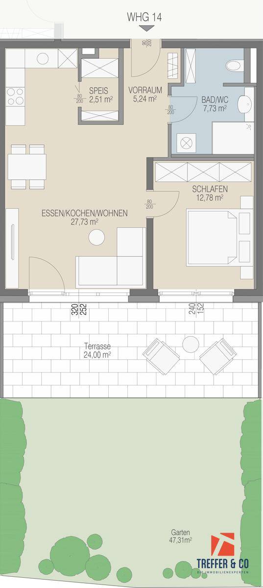 Detaillierter Grundriss der Wohneinheit 14 mit offenem Wohnbereich, Schlafzimmer und großer Terrasse.