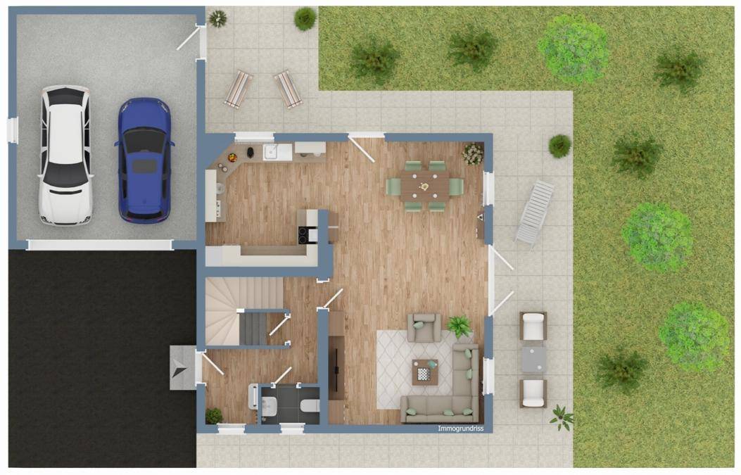 Grundriss des Erdgeschosses mit offenem Wohnbereich, Küche, Esszimmer und Garage.