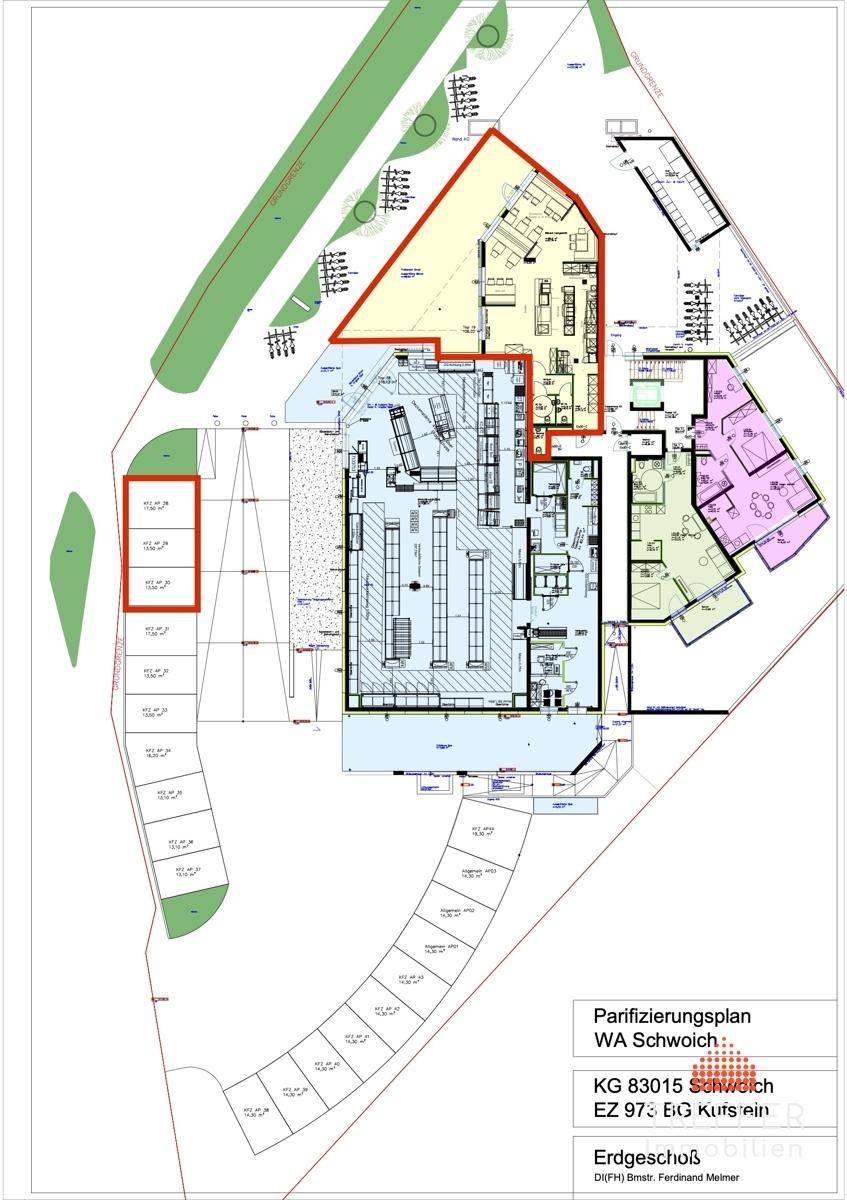 Detaillierter Parifizierungsplan des Erdgeschosses mit verschiedenen Nutzungsbereichen und Parkplätzen.