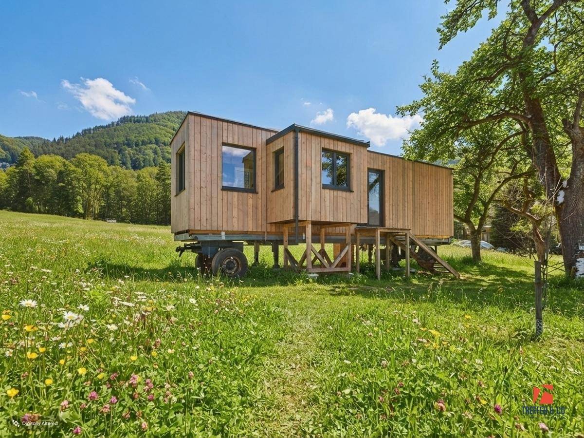 Modernes Holzhaus auf Rädern in ländlicher Umgebung mit grünen Wiesen und Bäumen.