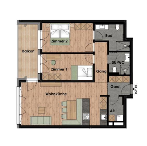 Grundriss einer Wohnung mit zwei Zimmern, Wohnküche, Bad und Balkon.