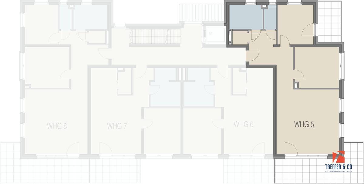 Übersichts-Grundrissplan mit der hervorgehobenen Wohnung WHG 5 und umliegenden Einheiten.