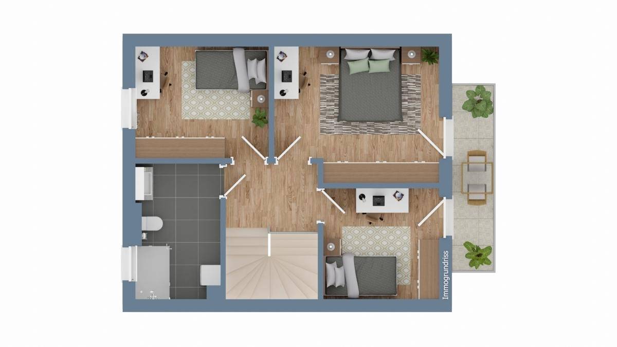 Grundriss des Obergeschosses mit drei Schlafzimmern, einem Badezimmer und Zugang zum Balkon.