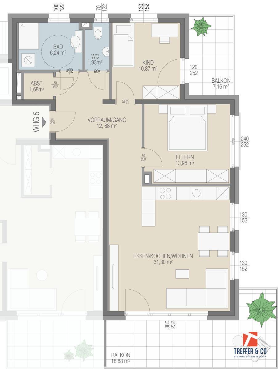 Grundriss der Wohnung WHG 5 mit zwei Schlafzimmern, offenem Wohnbereich und zwei Balkonen.