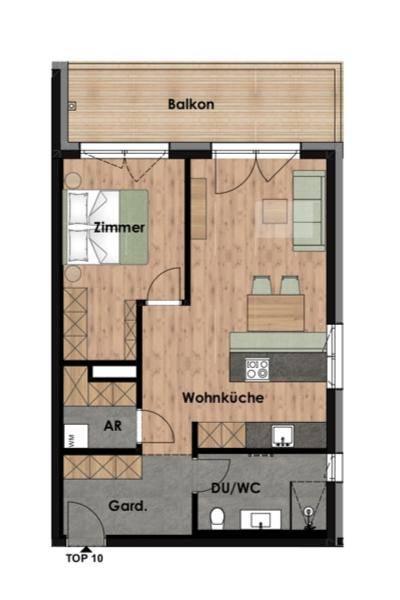 Grundriss einer Wohnung mit Balkon, Schlafzimmer, Wohnküche und Bad.
