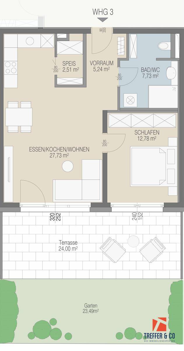 Übersichtsgrundriss des Gebäudes mit der Lage der Wohnung WHG 3 und zugehöriger Terrasse und Garten.