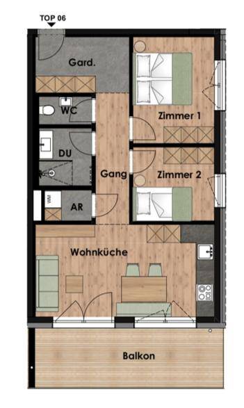 Grundriss einer Wohnung mit zwei Zimmern, Wohnküche und Balkon.