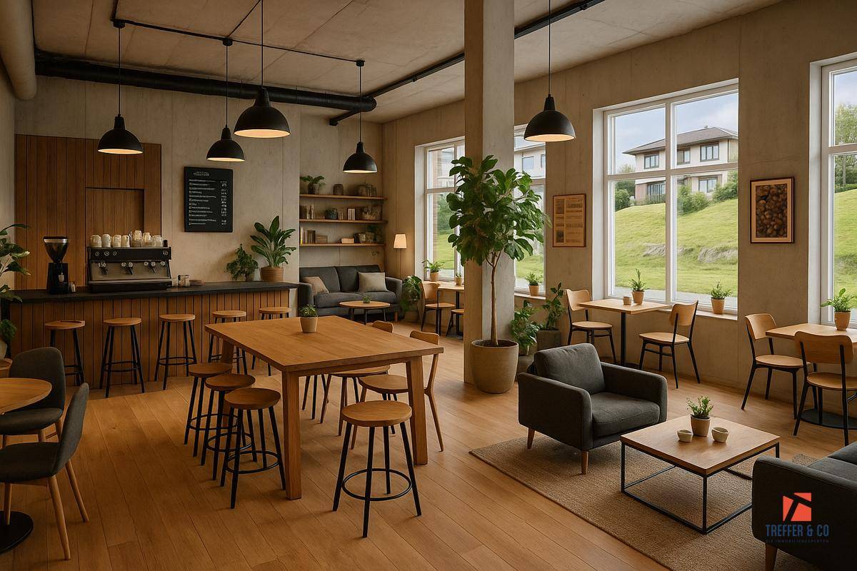 Gemütliches Café mit Holztischen, Barhockern, bequemen Sesseln und großen Fenstern mit Blick ins Grüne.