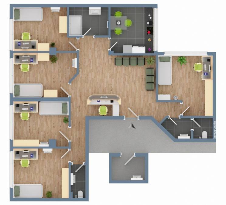 Detaillierter Grundriss mit mehreren Schlafzimmern, Bädern und Gemeinschaftsbereichen.