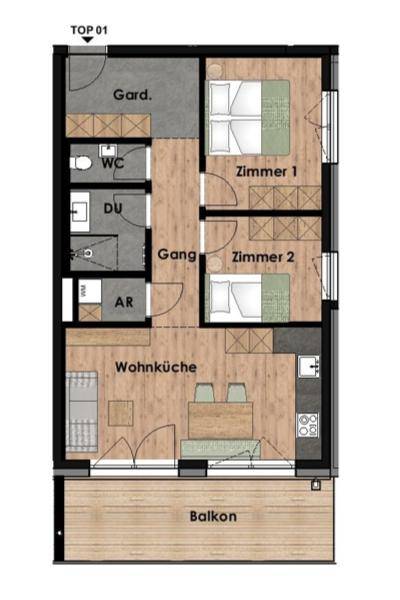 Grundriss der Wohnung "TOP 01" mit Wohnküche, zwei Zimmern, Bad und Balkon.