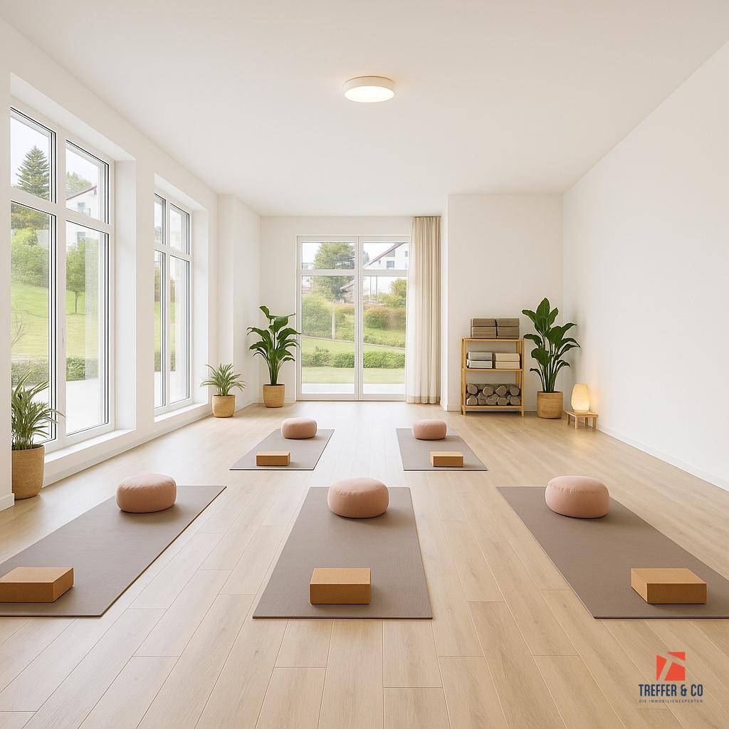 Heller Yogaraum mit großen Fenstern, Holzboden, Yogamatten und Pflanzen für eine entspannte Atmosphäre.
