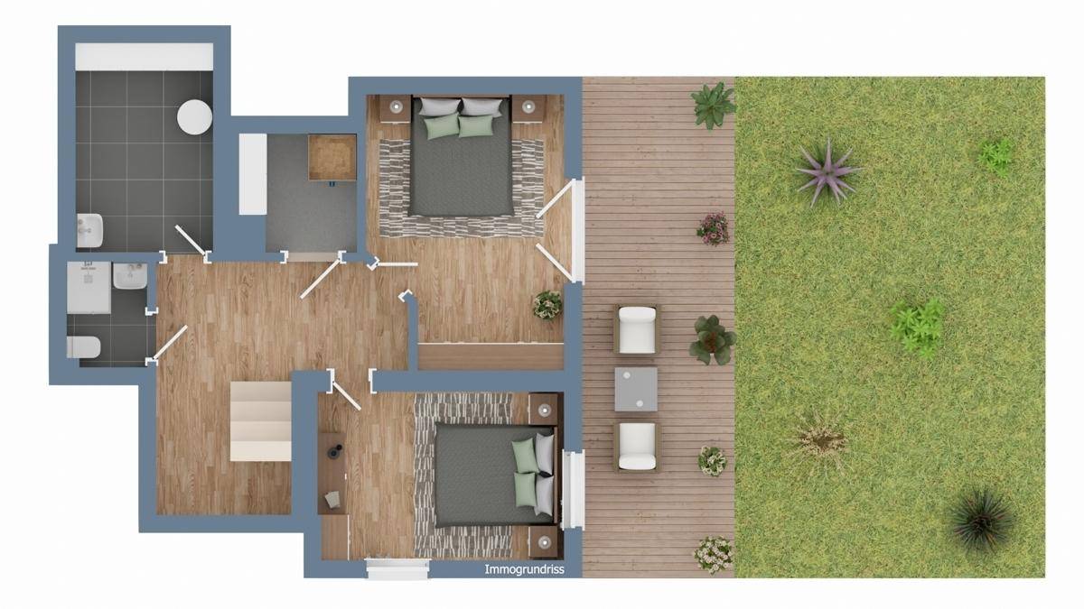 Grundriss einer Erdgeschosswohnung mit großem Garten, Terrasse und mehreren Schlafzimmern und Bädern.