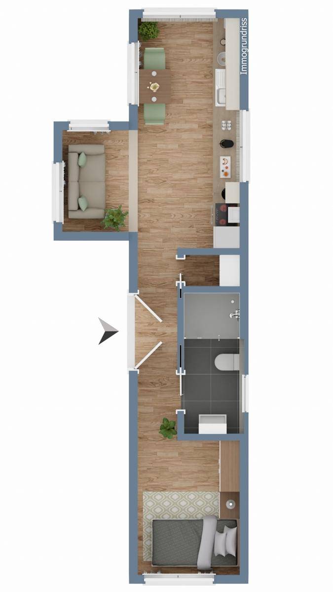 Grundriss des Tiny Houses zeigt Schlafzimmer, Bad, Küche und offenen Wohnbereich.