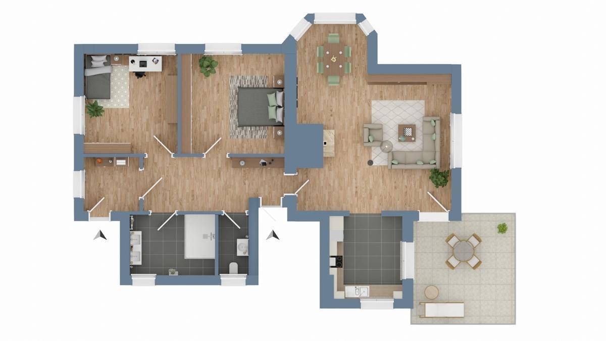 Grundriss einer Wohnung mit offenem Wohnbereich, Balkon und mehreren Schlafzimmern und Bädern.