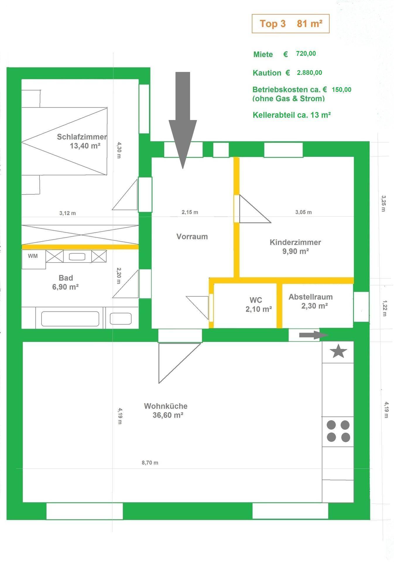 Grundriss einer Wohnung mit offener Wohnküche, Schlafzimmer, Kinderzimmer und Bad.