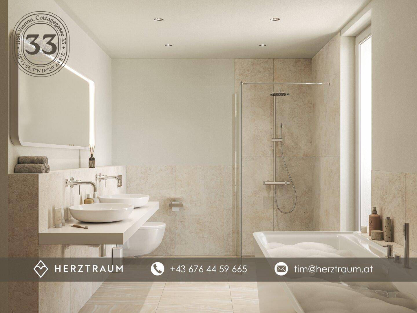 Modernes Badezimmer mit Doppelwaschbecken, ebenerdiger Dusche und Badewanne, hell gefliest.