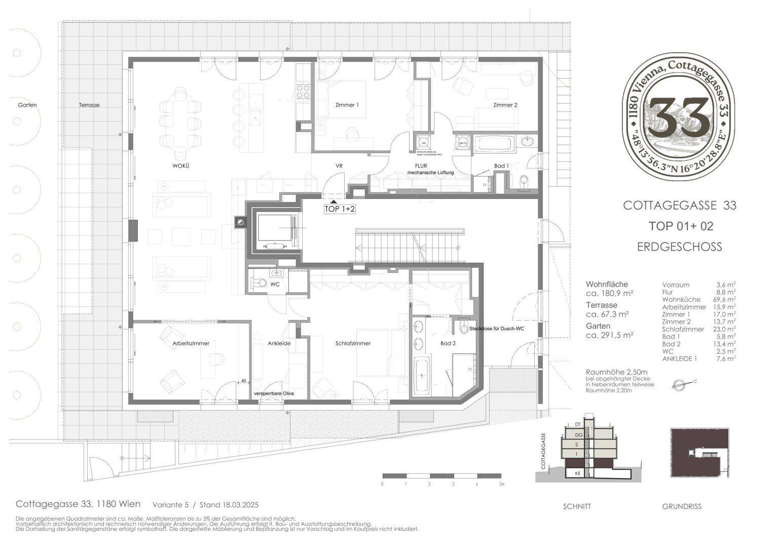 Detaillierter Grundriss des Erdgeschosses mit Schlafzimmer, Ankleide, Arbeitszimmer und großzügiger Terrasse.