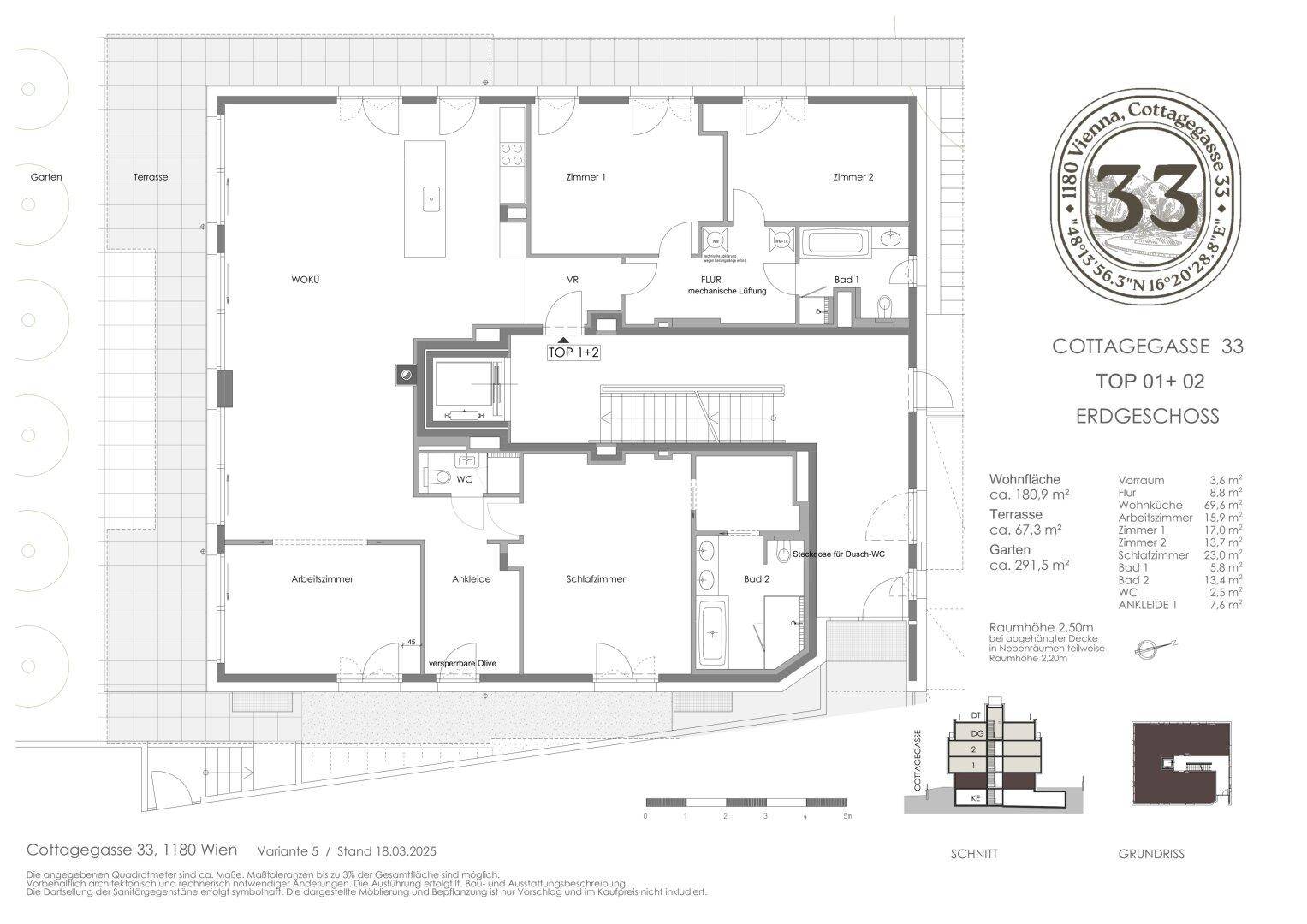 Grundriss des Erdgeschosses mit offener Wohnküche, zwei Bädern, Arbeitszimmer und Zugang zu Terrasse und Garten.