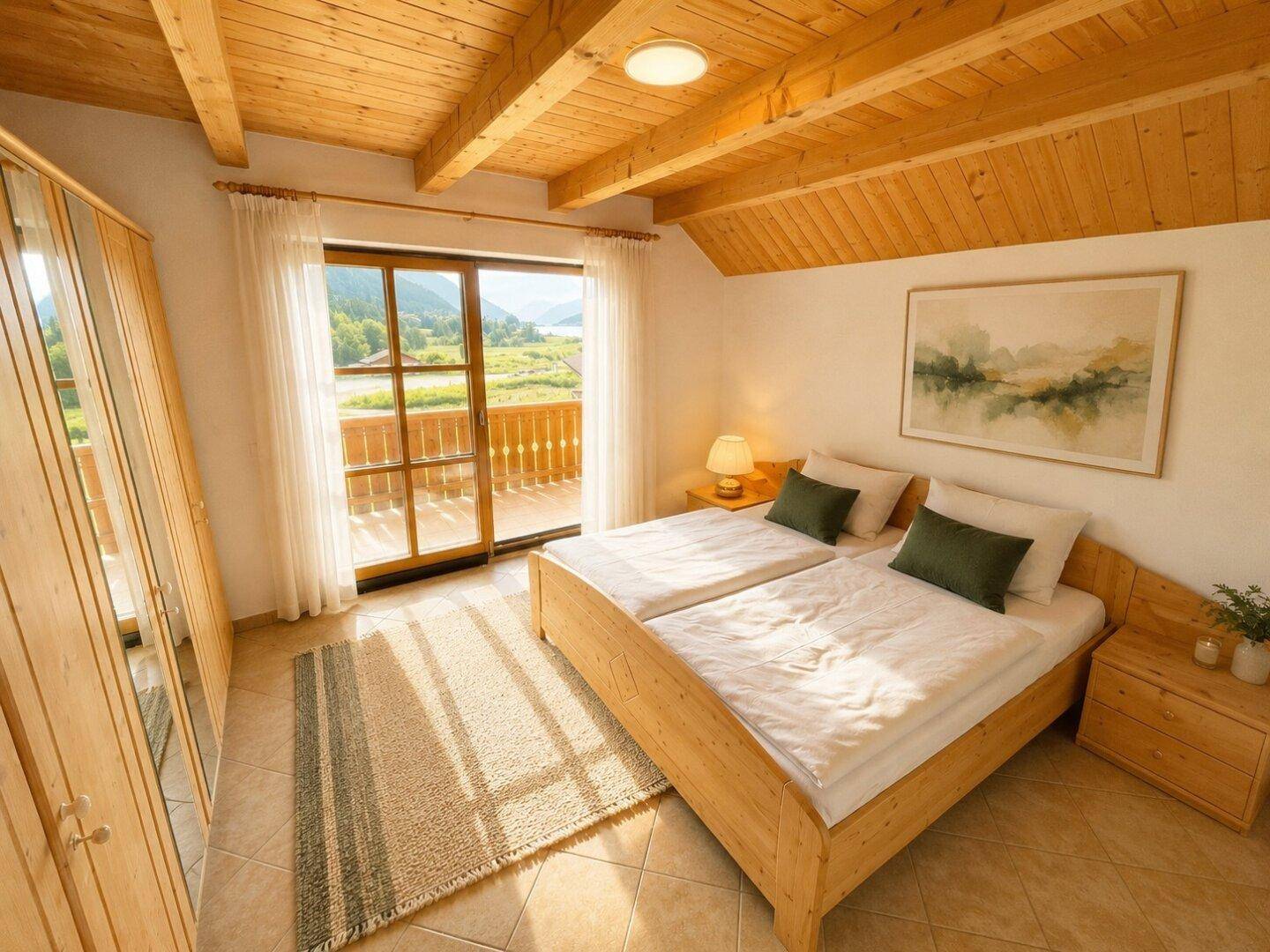 Helles Schlafzimmer mit Holzbett, Holzbalkendecke und Zugang zu einem Balkon mit Bergblick.