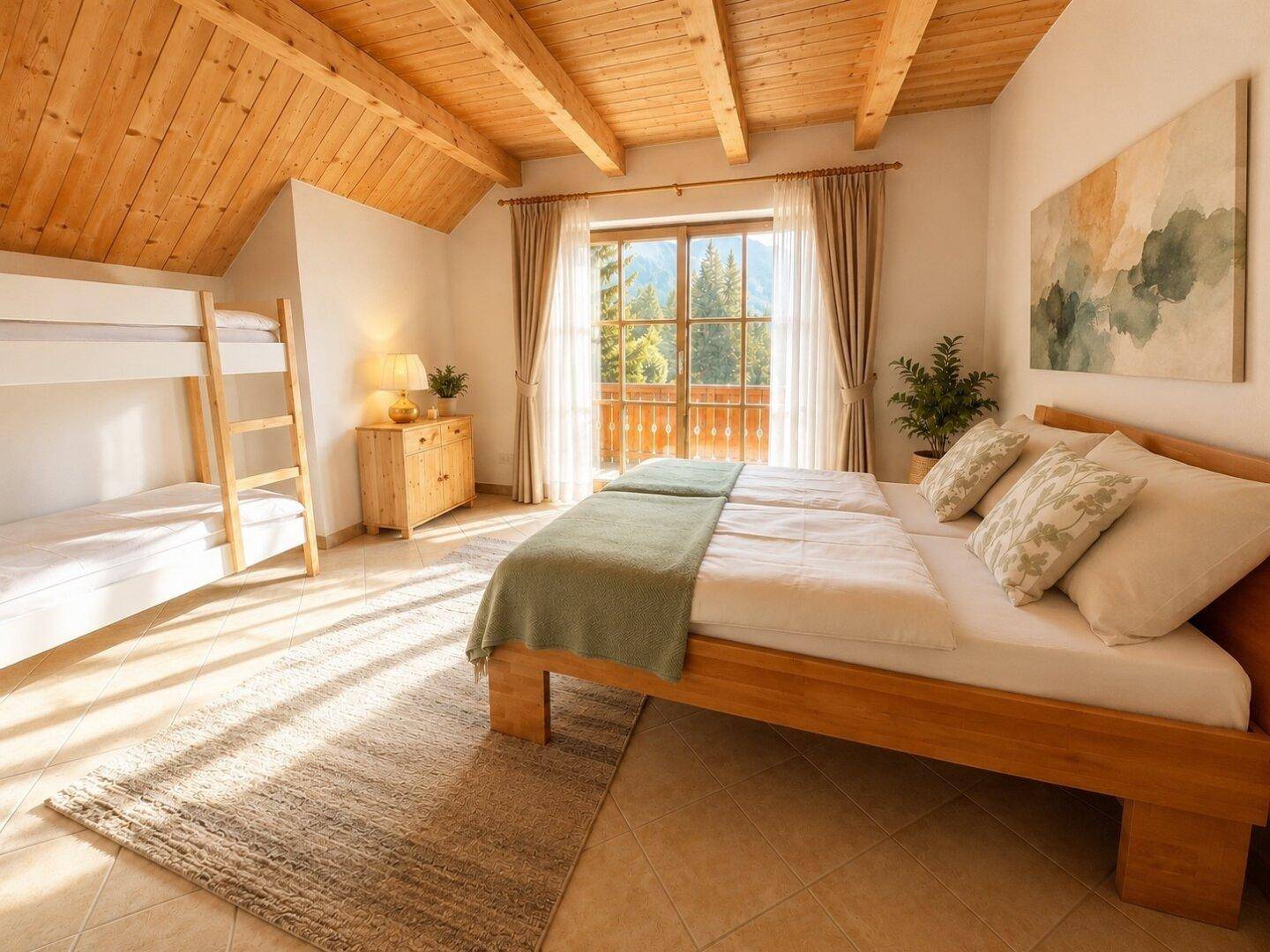 Geräumiges Schlafzimmer mit Doppelbett, Etagenbett und Blick auf die umliegenden Berge, ideal für Familien.