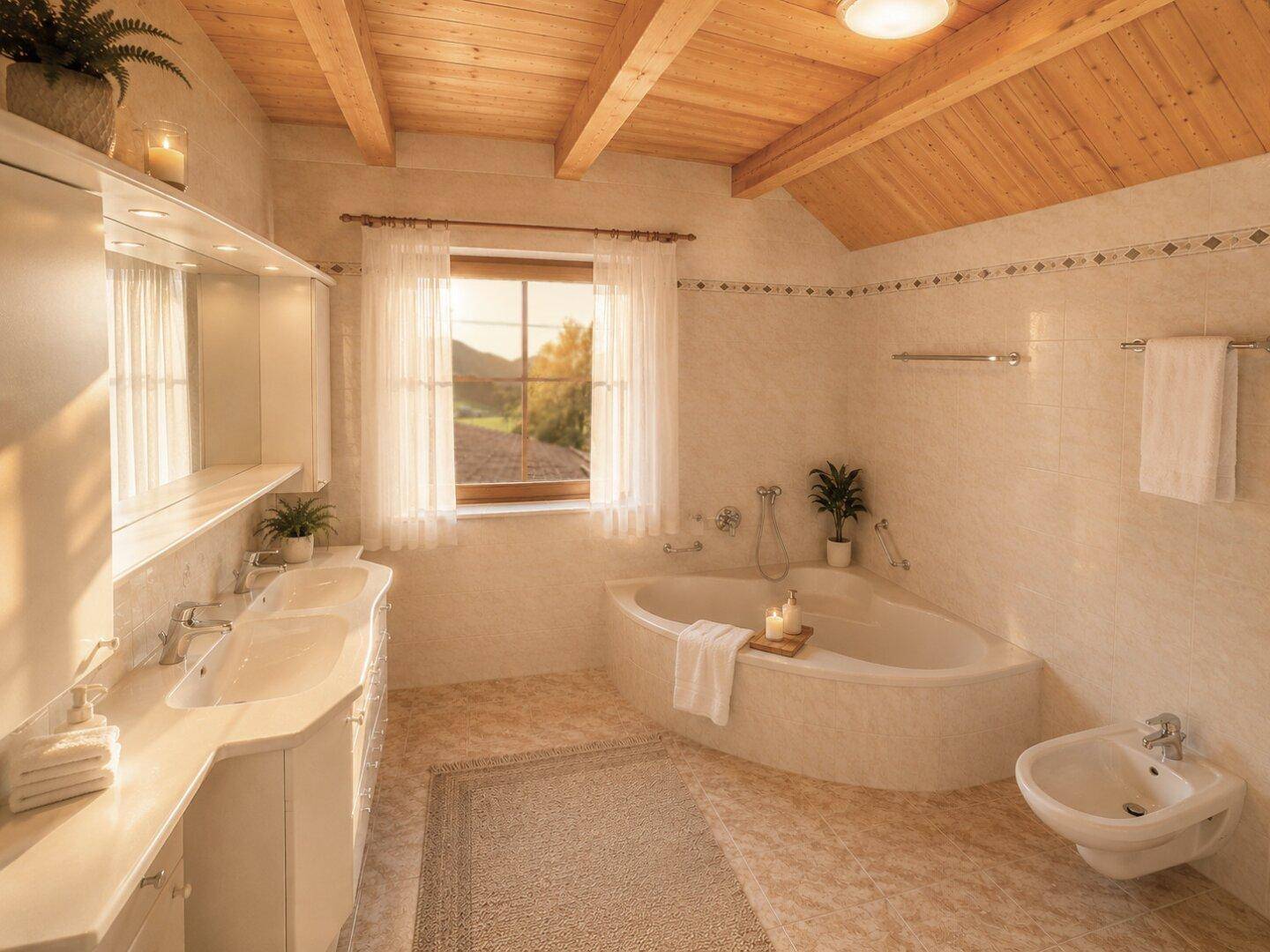 Großes Badezimmer mit Eckbadewanne, Doppelwaschbecken, Bidet und Fenster für Tageslicht.