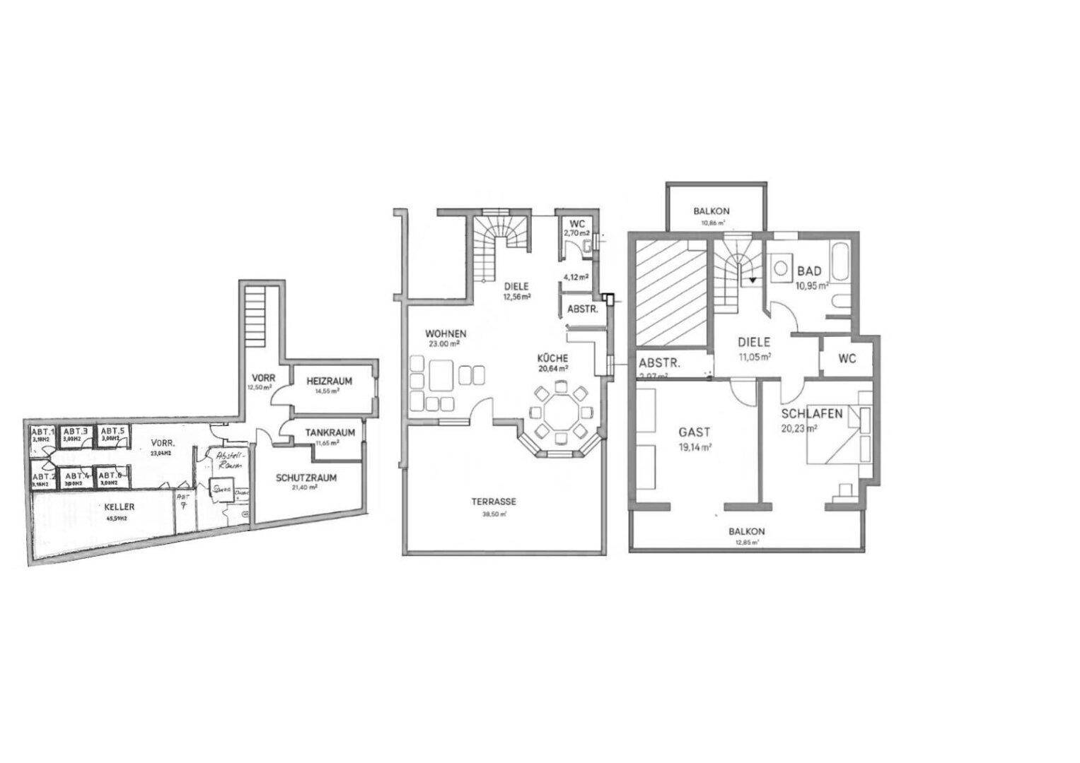 Grundrissplan zeigt drei Ebenen mit Keller, Wohnbereich, Küche, Terrasse, Schlafzimmern und Balkonen.