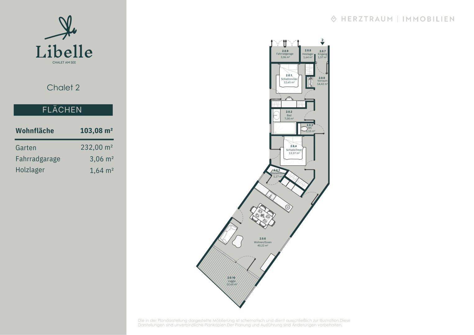 Detaillierter Grundriss eines Chalets mit 103,08 m² Wohnfläche, Garten und Fahrradgarage.