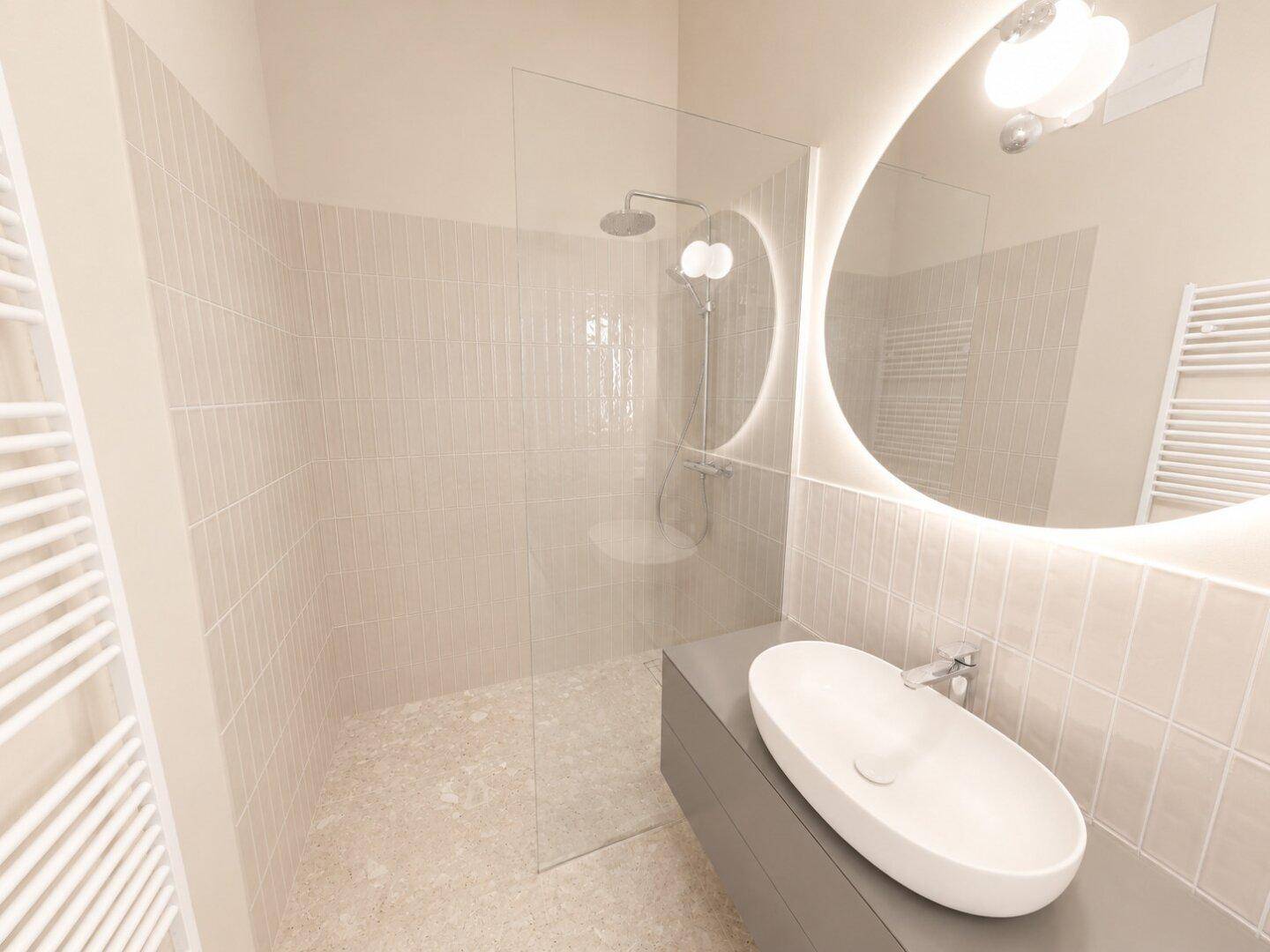 Modernes Badezimmer mit begehbarer Dusche, ovalem Waschbecken und beleuchtetem Spiegel.