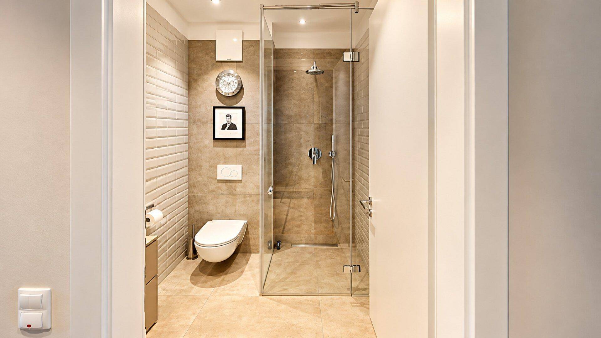 Elegantes Badezimmer mit begehbarer Dusche, Wand-WC und modernen Fliesen in warmen Farbtönen.