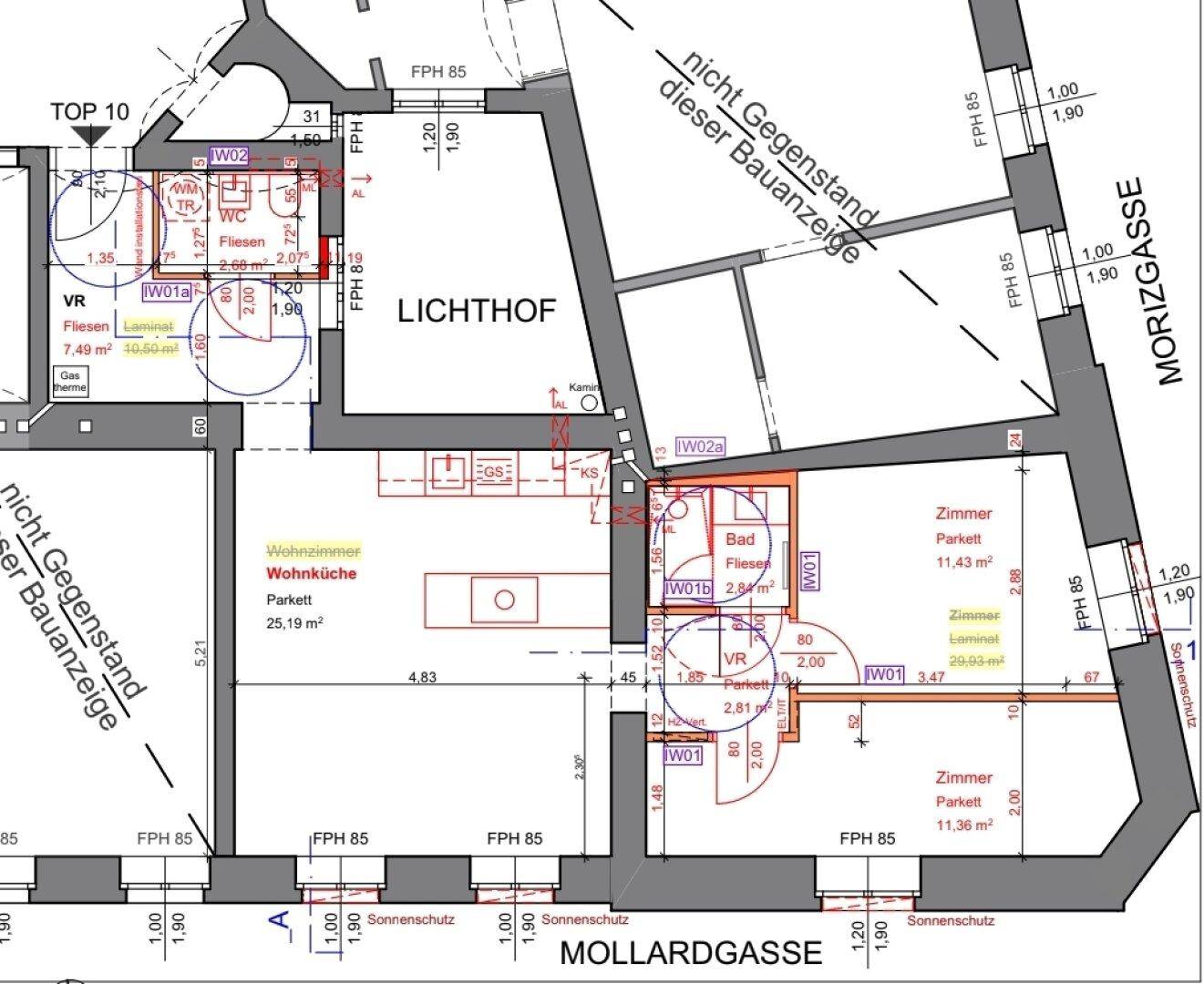 Detaillierter Grundriss einer Wohnung mit Wohnküche, Bad, WC und Blick auf den Lichthof.