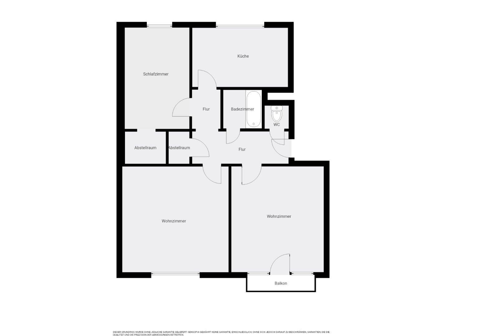 Grundriss einer Wohnung mit Schlafzimmer, Küche, Bad, WC, Wohnzimmer und Balkon.
