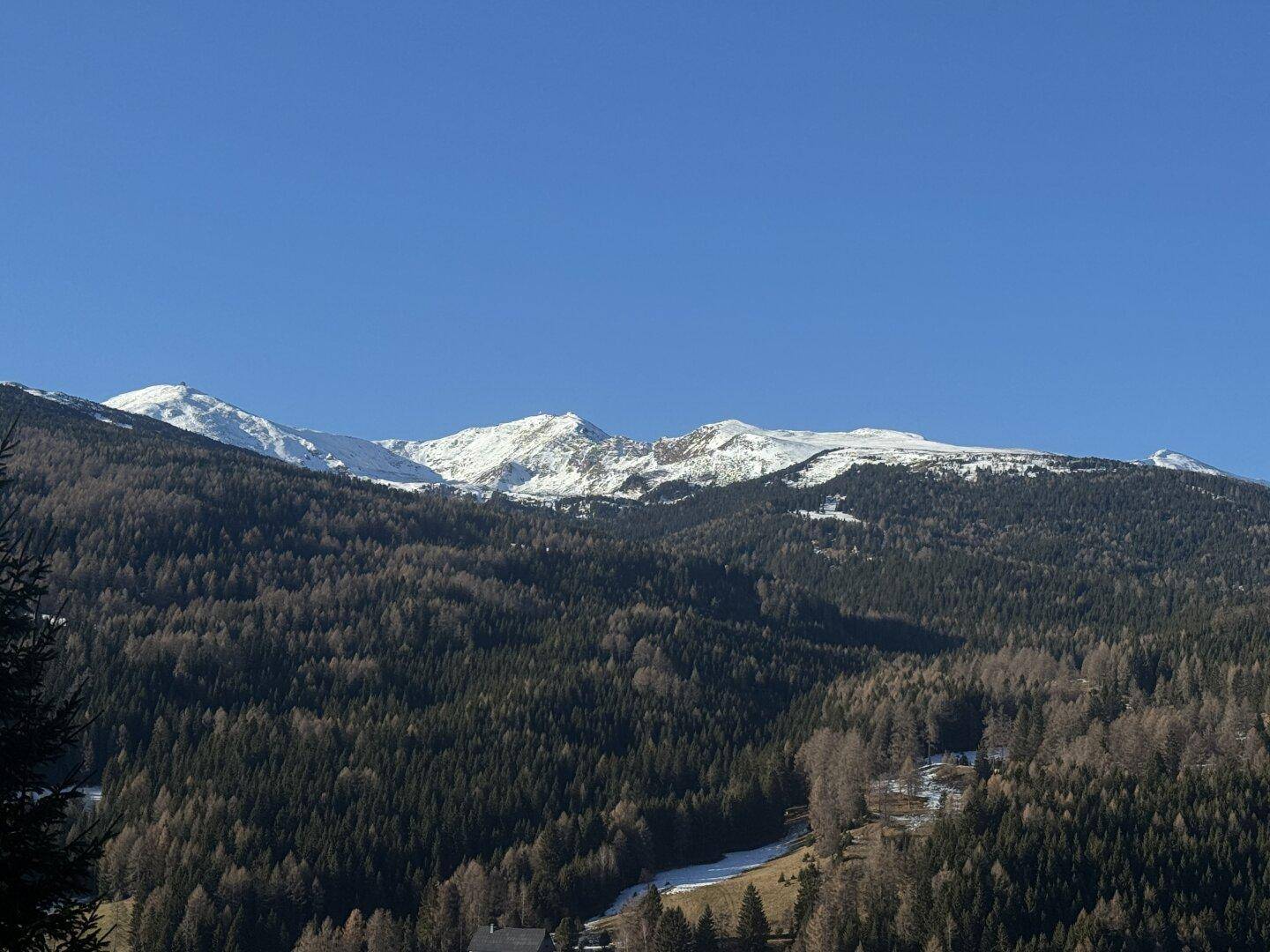 Majestätische schneebedeckte Berggipfel ragen über dichten grünen Wäldern empor.