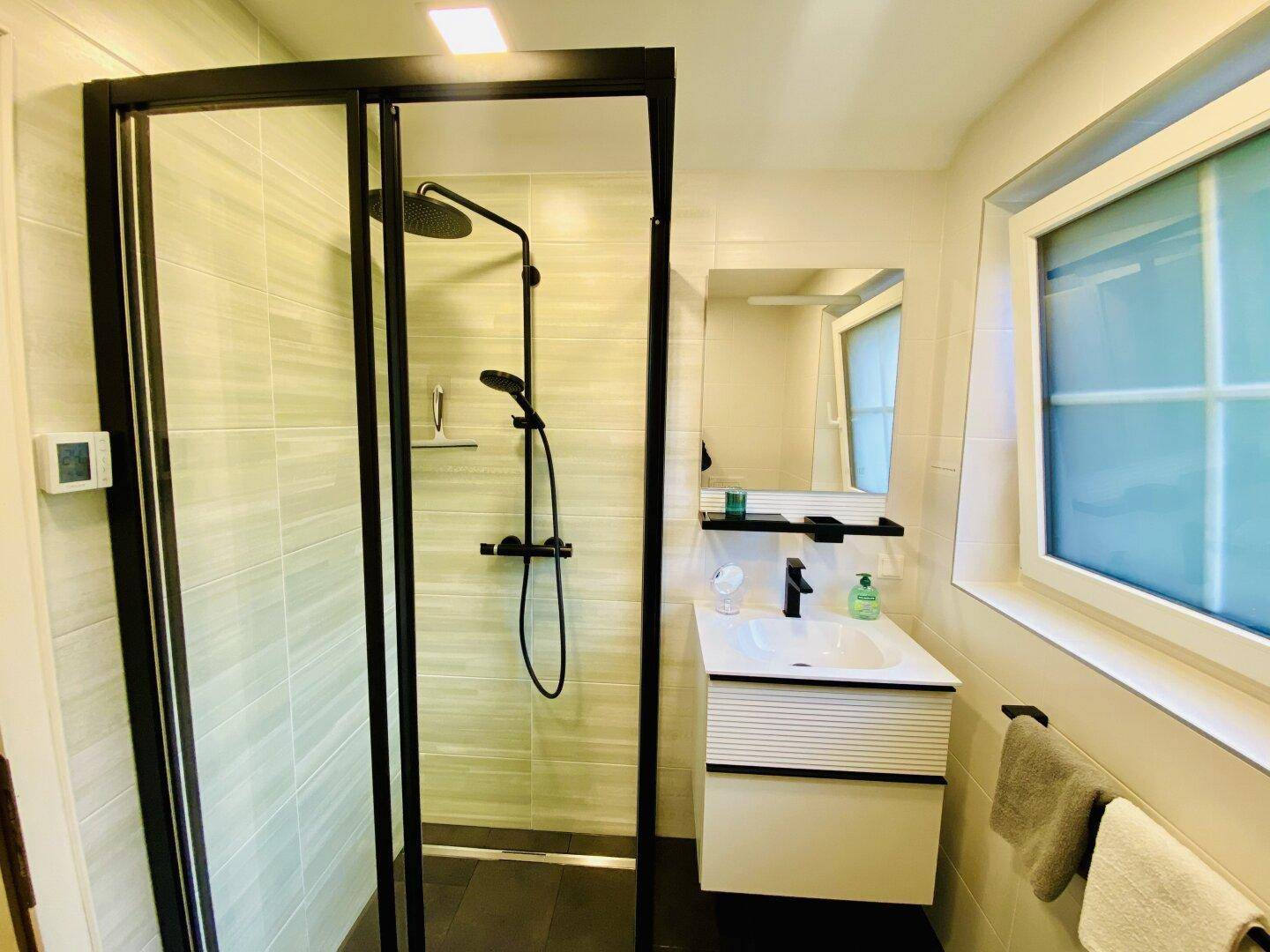 Modernes Badezimmer mit begehbarer Dusche, Einzelwaschbecken und Fenster für Tageslicht.