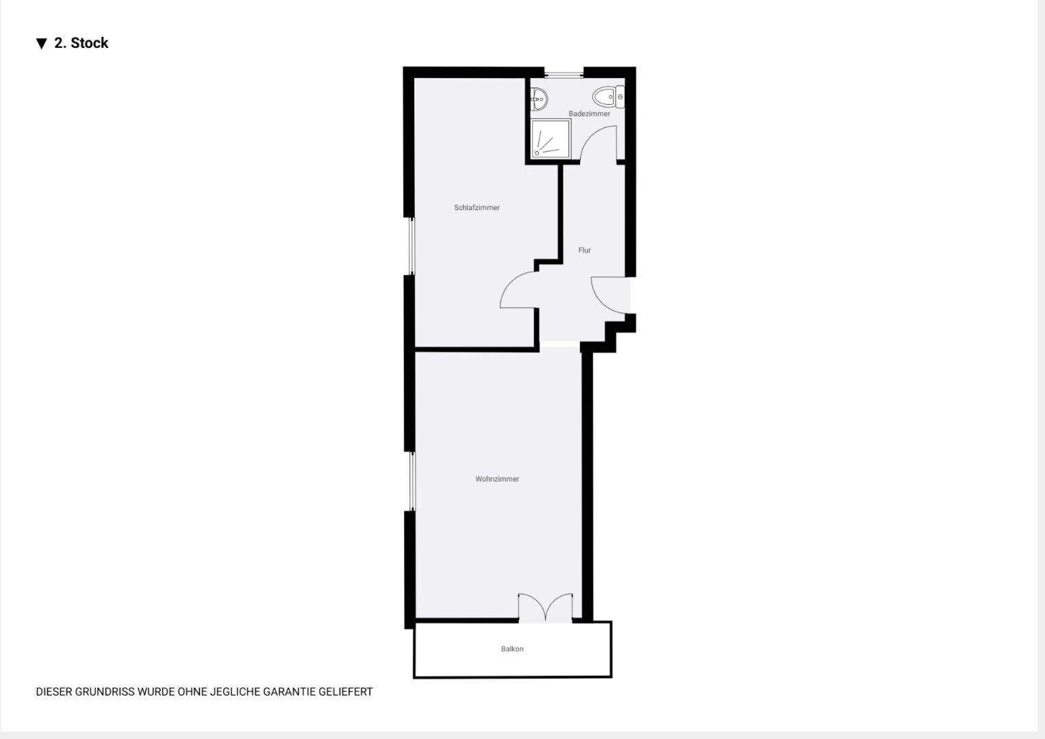 Grundriss des zweiten Stocks mit Schlafzimmer, Bad und Wohnzimmer.