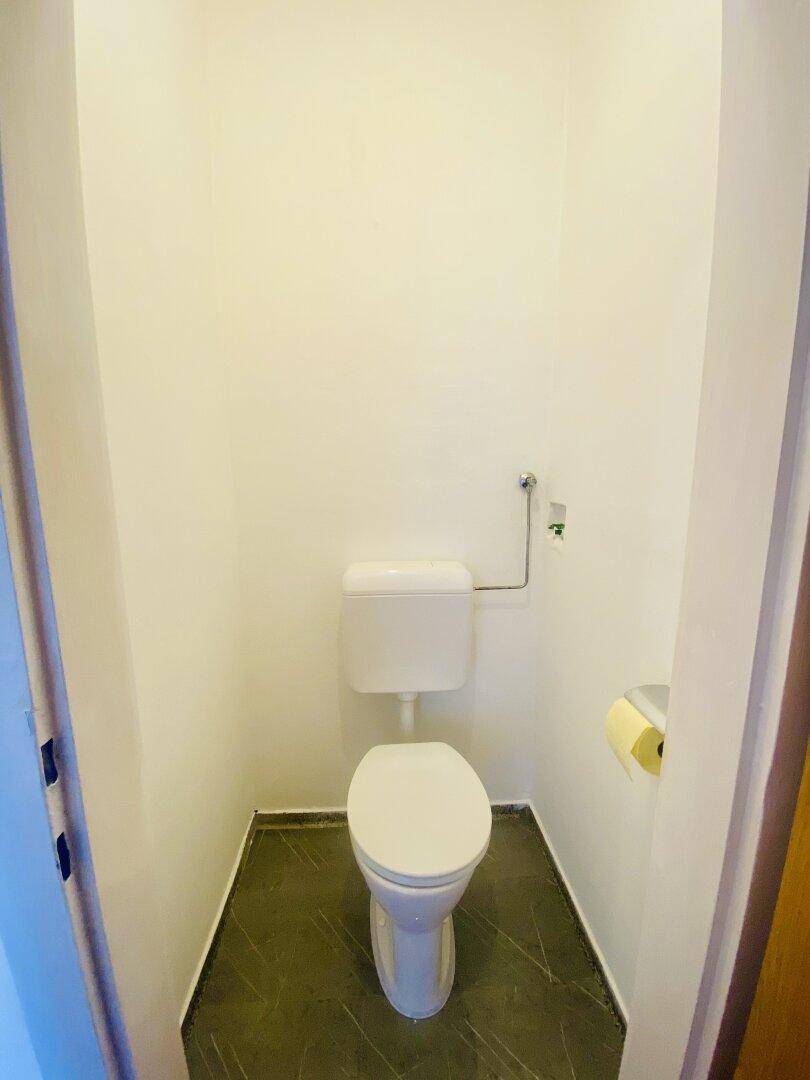 Kleines separates WC mit weißer Toilette und dunklem Fliesenboden.