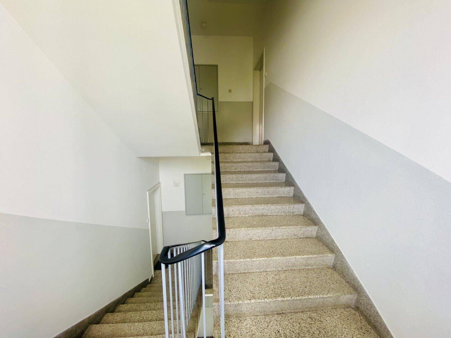 Treppenhaus mit Terrazzostufen und schlichtem Metallgeländer, das zu den oberen Etagen führt.