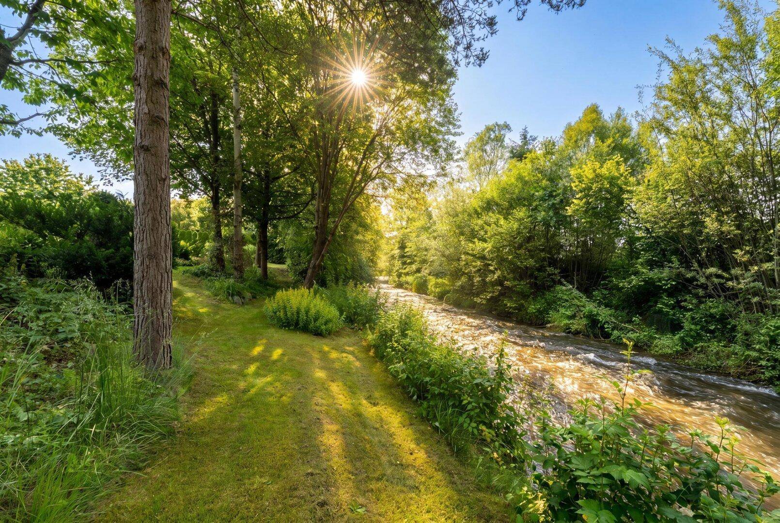 Idyllische Flusslandschaft mit üppiger Vegetation und sonnigen Ufern, perfekt für Naturliebhaber.
