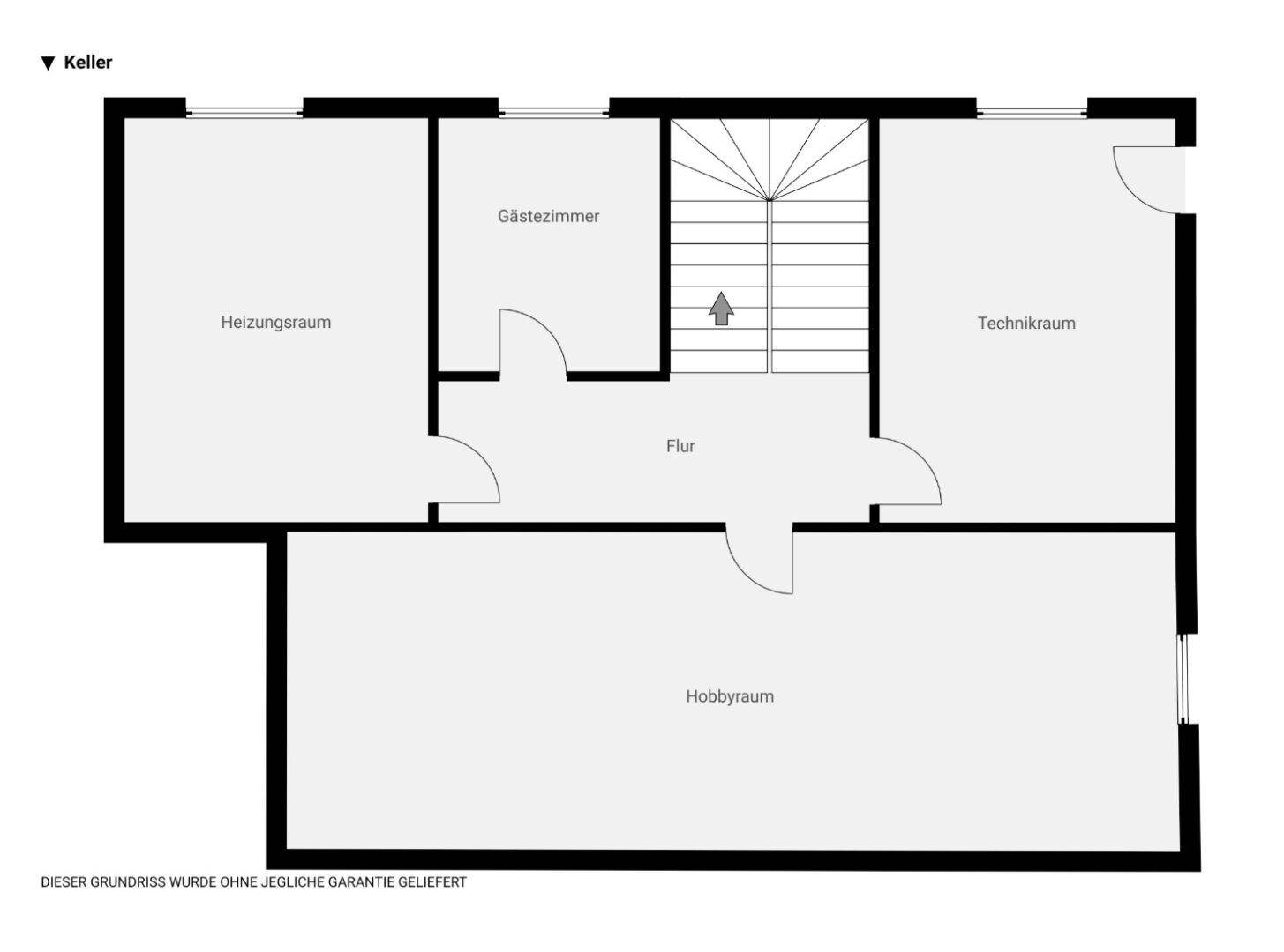 Grundriss des Kellers mit Heizungsraum, Gästezimmer, Technikraum und Hobbyraum.