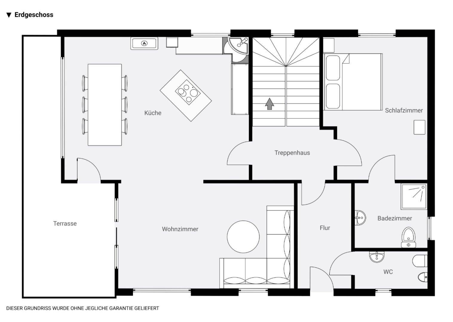 Grundriss des Erdgeschosses mit offener Küche, Wohnzimmer, Schlafzimmer und Terrasse.