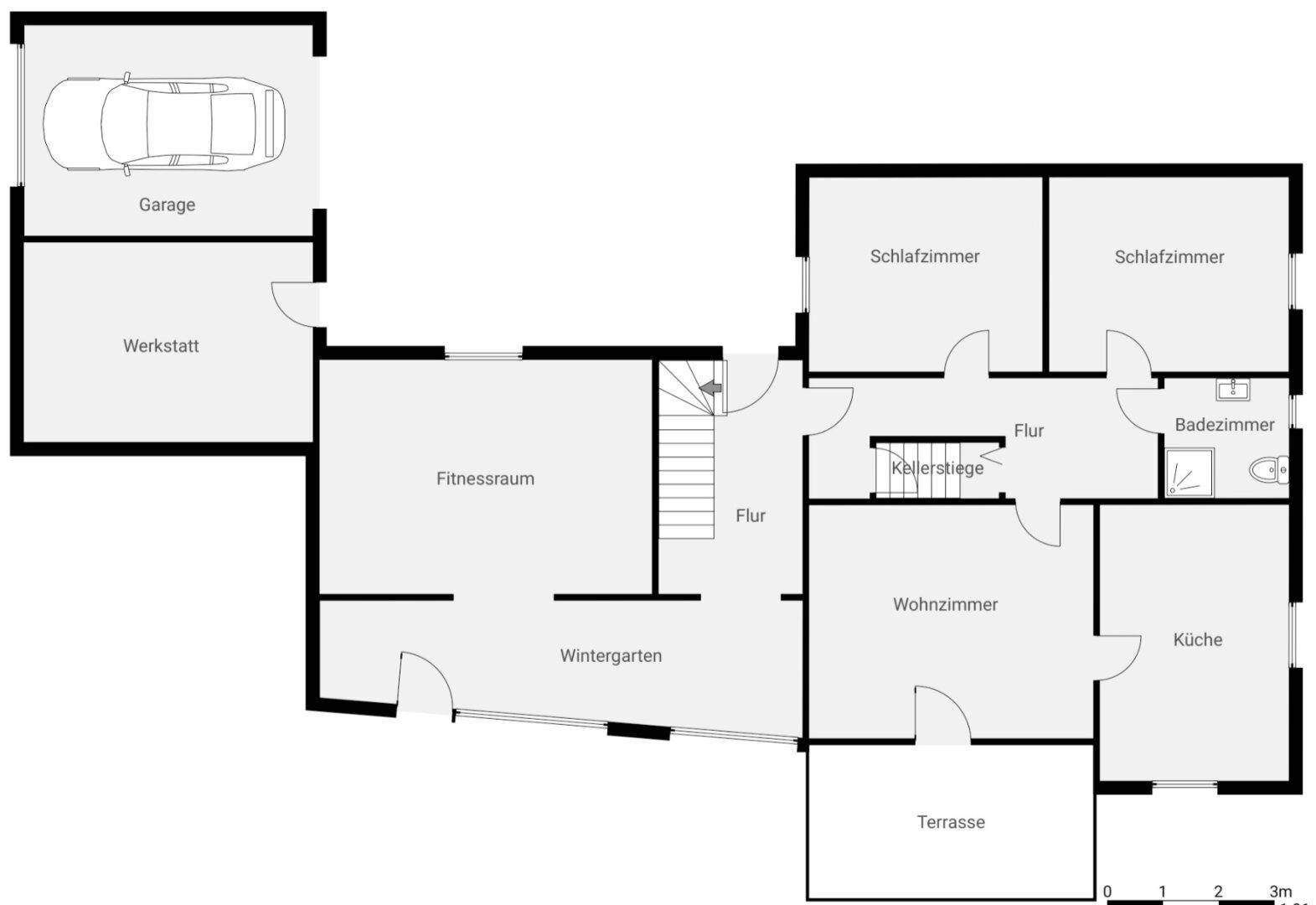 Grundriss des Erdgeschosses mit Garage, Werkstatt, Fitnessraum, Wintergarten und Terrasse.