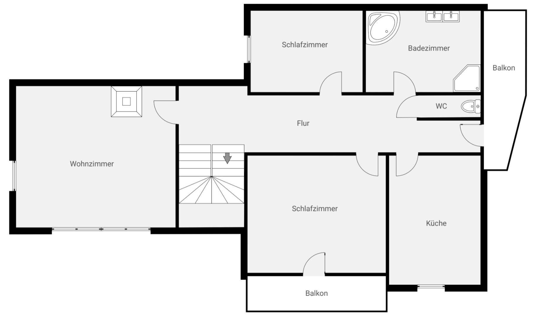 Grundriss des Obergeschosses mit Wohnzimmer, Schlafzimmern, Badezimmer, separatem WC und Balkonen.