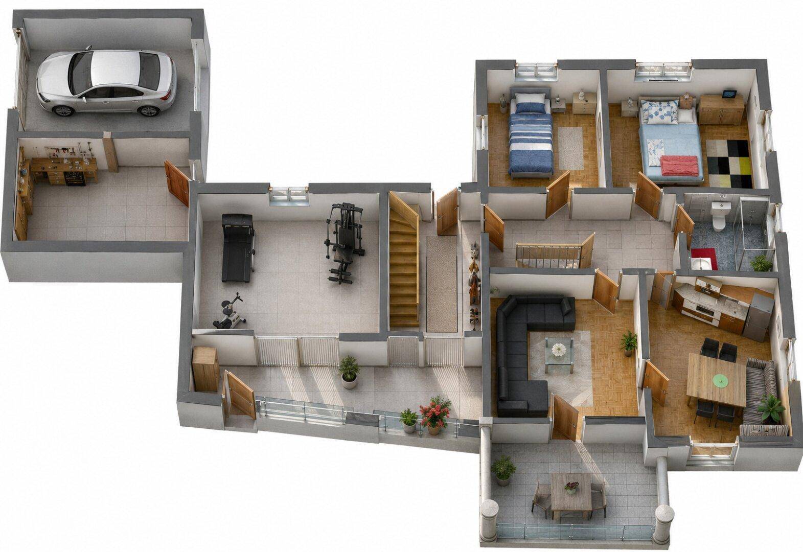 3D-Grundriss des Obergeschosses mit Schlafzimmern, Wohnbereich, Garage und Terrasse.