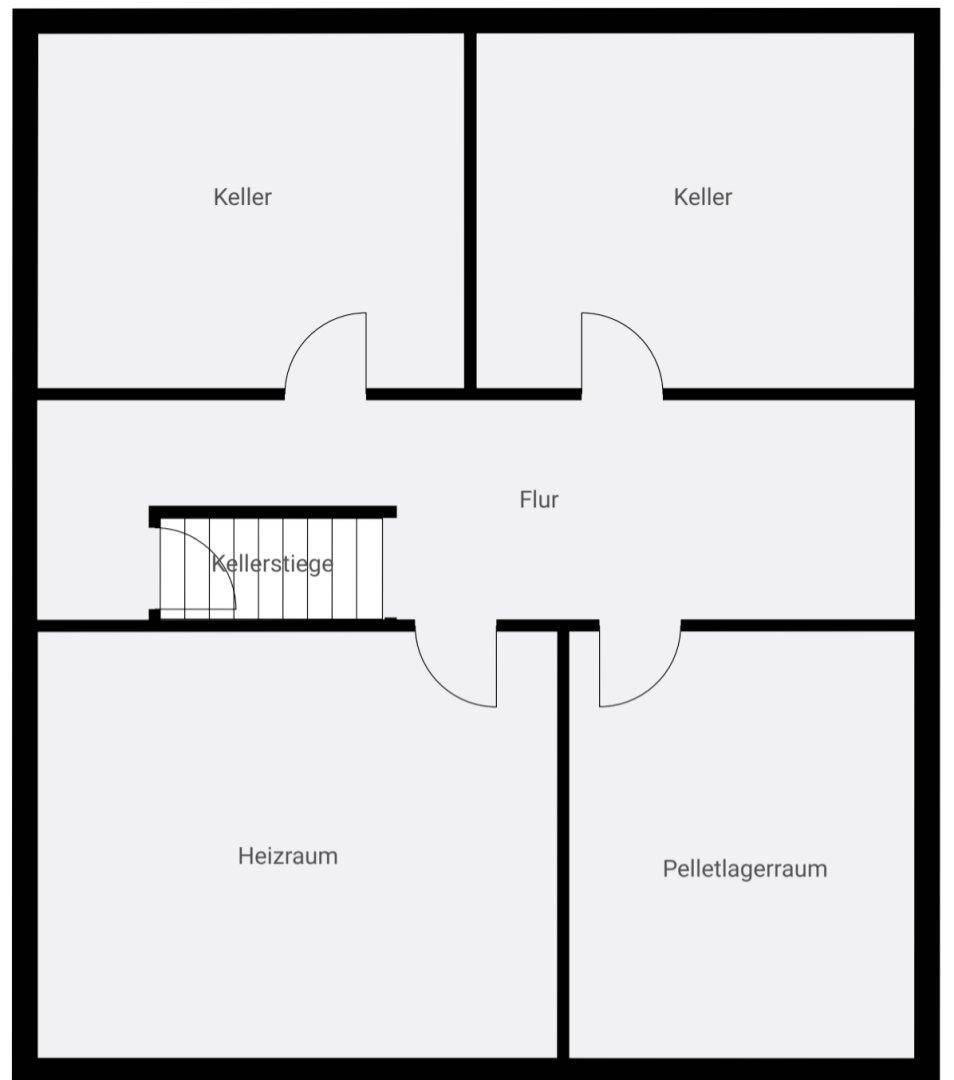 Grundriss des Kellers mit Lagerräumen, Heizraum und Pelletlagerraum.