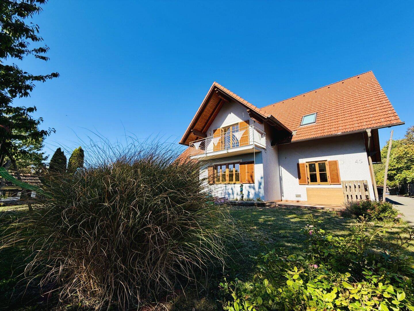Hausansicht vom Garten aus mit üppigem Ziergras im Vordergrund und blauem Himmel.