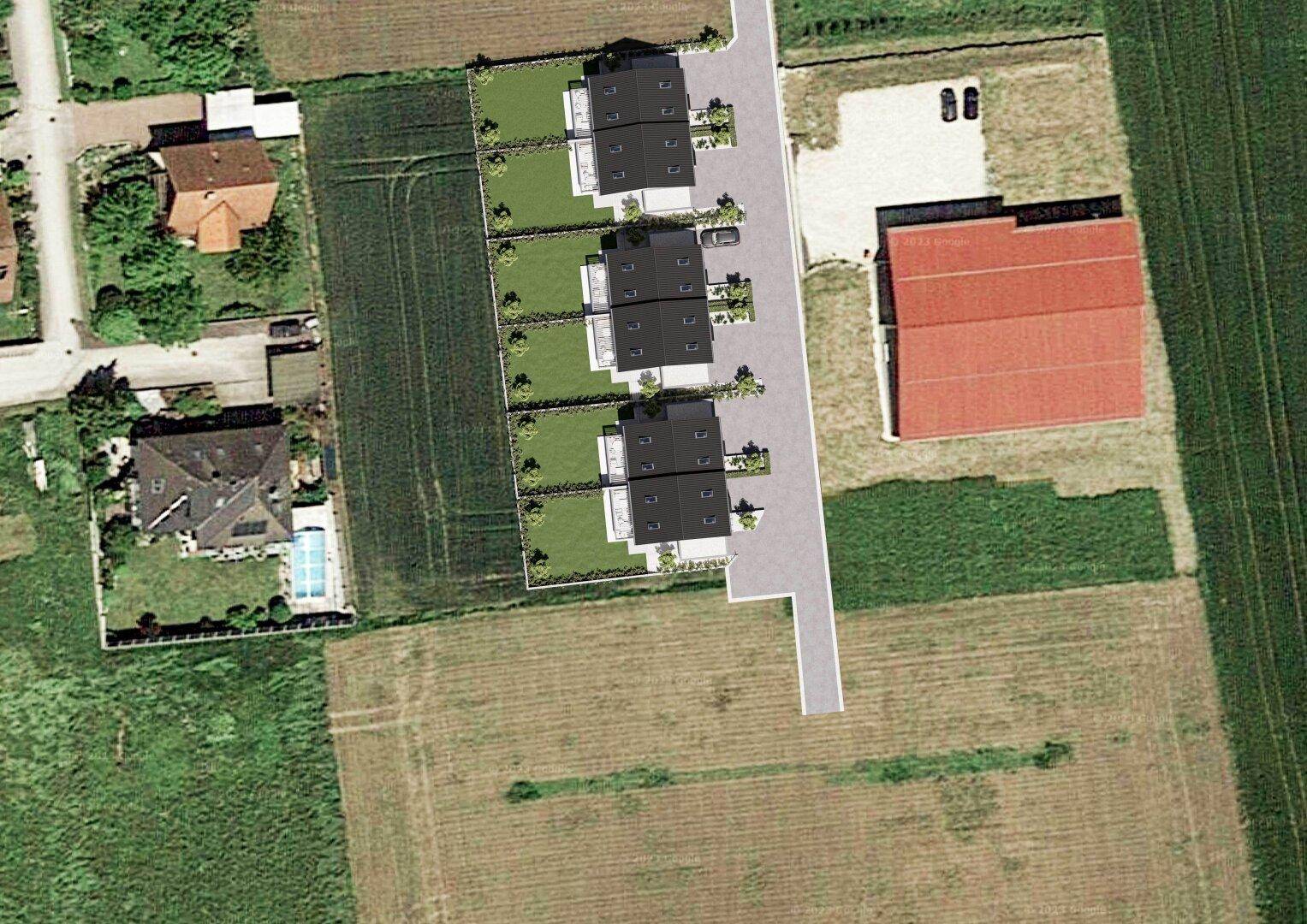 Grundriss des Erdgeschosses mit offenem Wohn-/Essbereich, Küche und Zugang zur Terrasse.