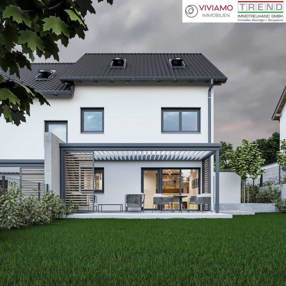 Visualisierung der Rückseite eines modernen Reihenhauses mit Garten und Terrasse.