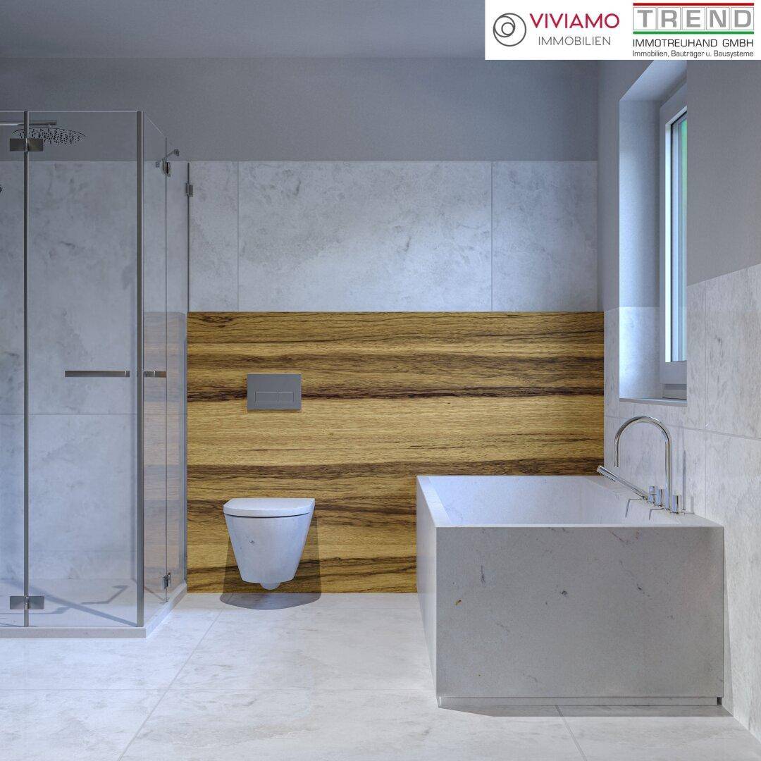 Modernes Badezimmer mit begehbarer Dusche, Badewanne und stilvoller Holzwand.