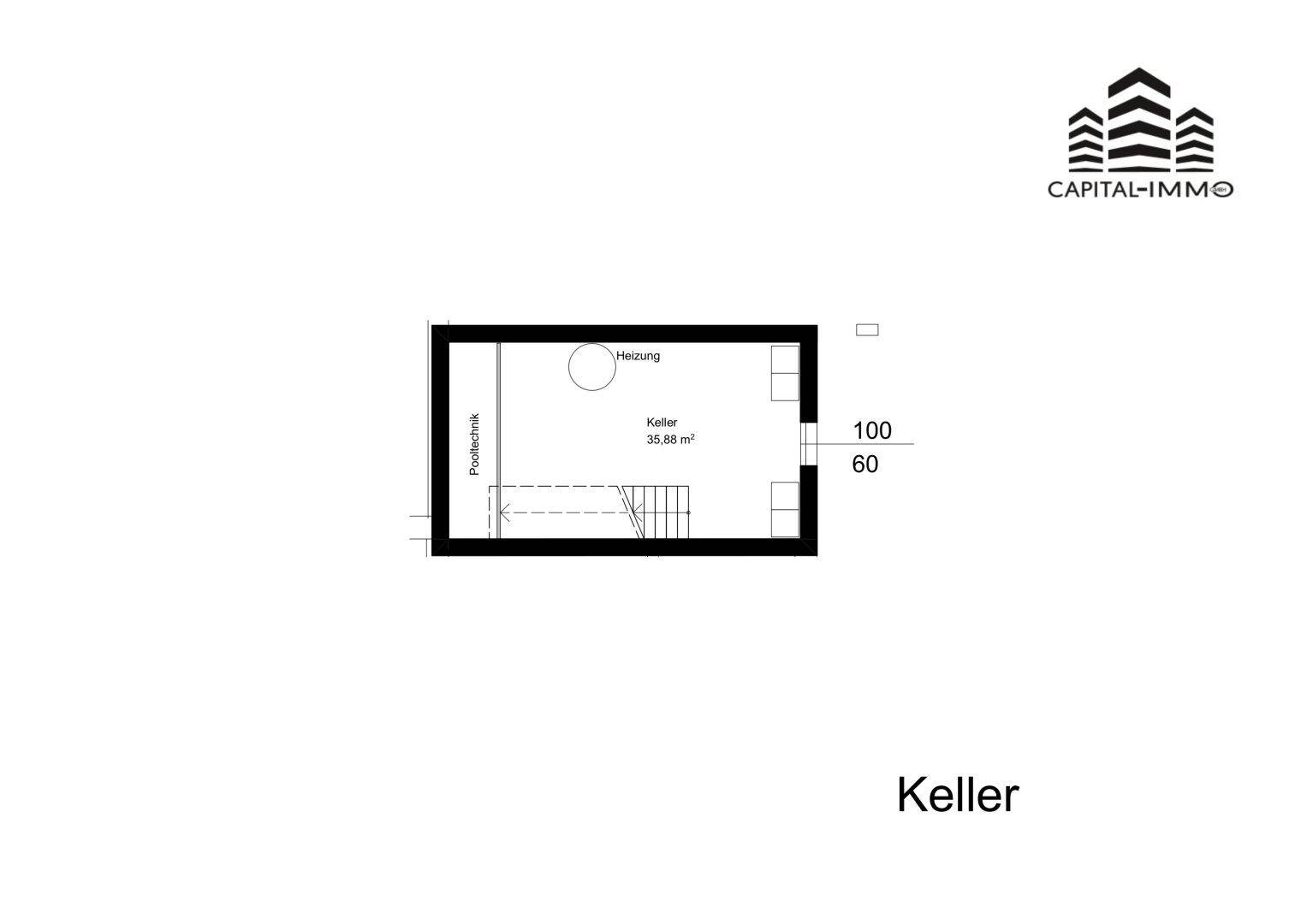 Grundriss des Kellers mit Heizungsraum und Technikbereich.